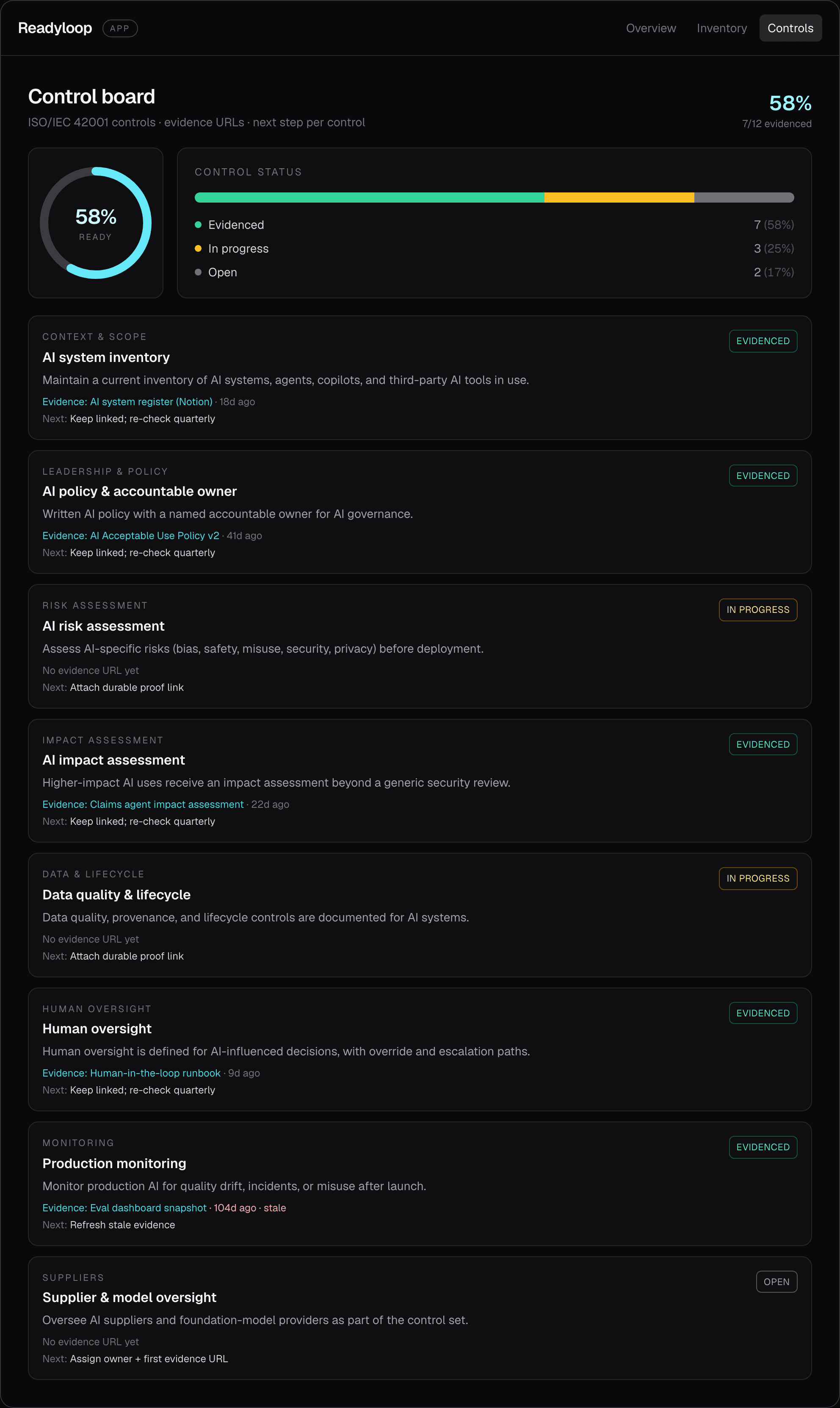 Control board with evidence